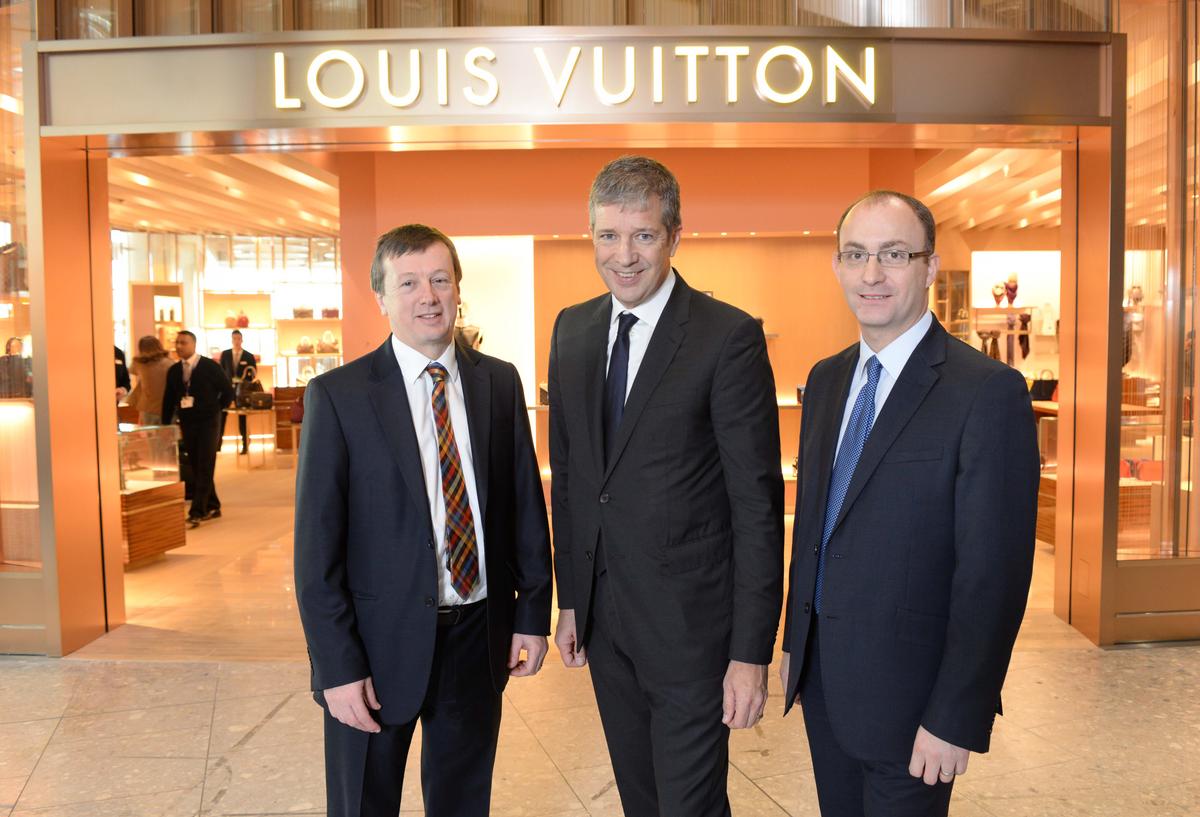 Download Image - L - R: Brian Woodhead, Heathrow Commercial Director, Tom Meggle, MD of Louis Vuitton and Jonathan Coen, Heathrow Retail Director picture