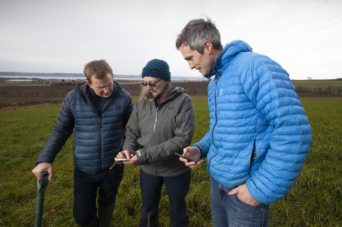 Download Image - '(L-R)Heathrow Director of Sustainability Matt Gorman; Dr Helaina Black, a senior soil scientist & an honorary associate of the James Hutton Institute; Agricarbon Co-Founder Stewart Arbuckle. picture