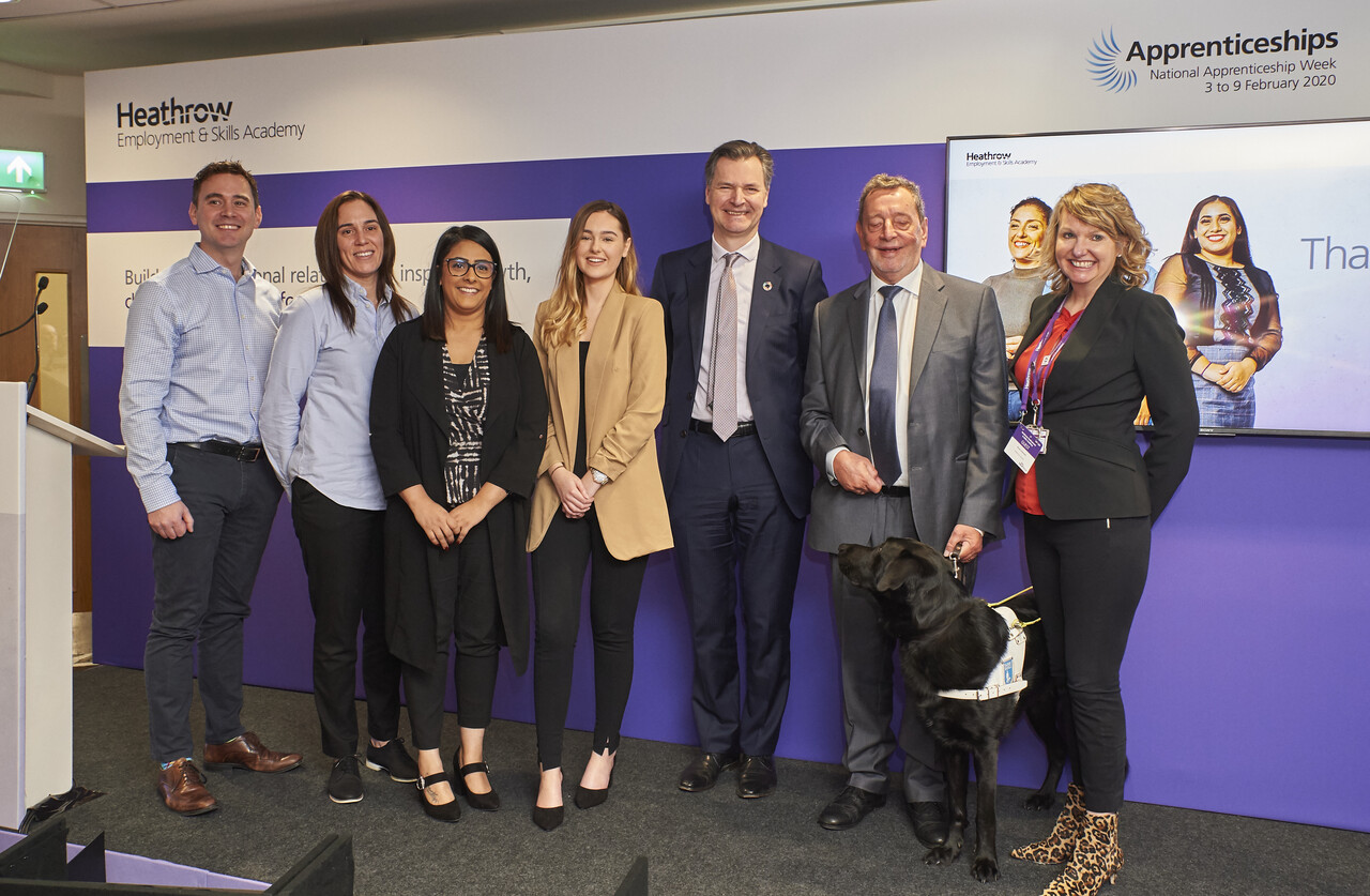 Heathrow Apprentices, John Holland Kaye, Lord Blunkett and Paula Stannett at the Heathrow Employment and Skills Academy