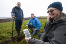 (L-R) Matt Gorman; Stewart Arbuckle; Dr Helaina Black, testing soil at Dundee carbon farming project